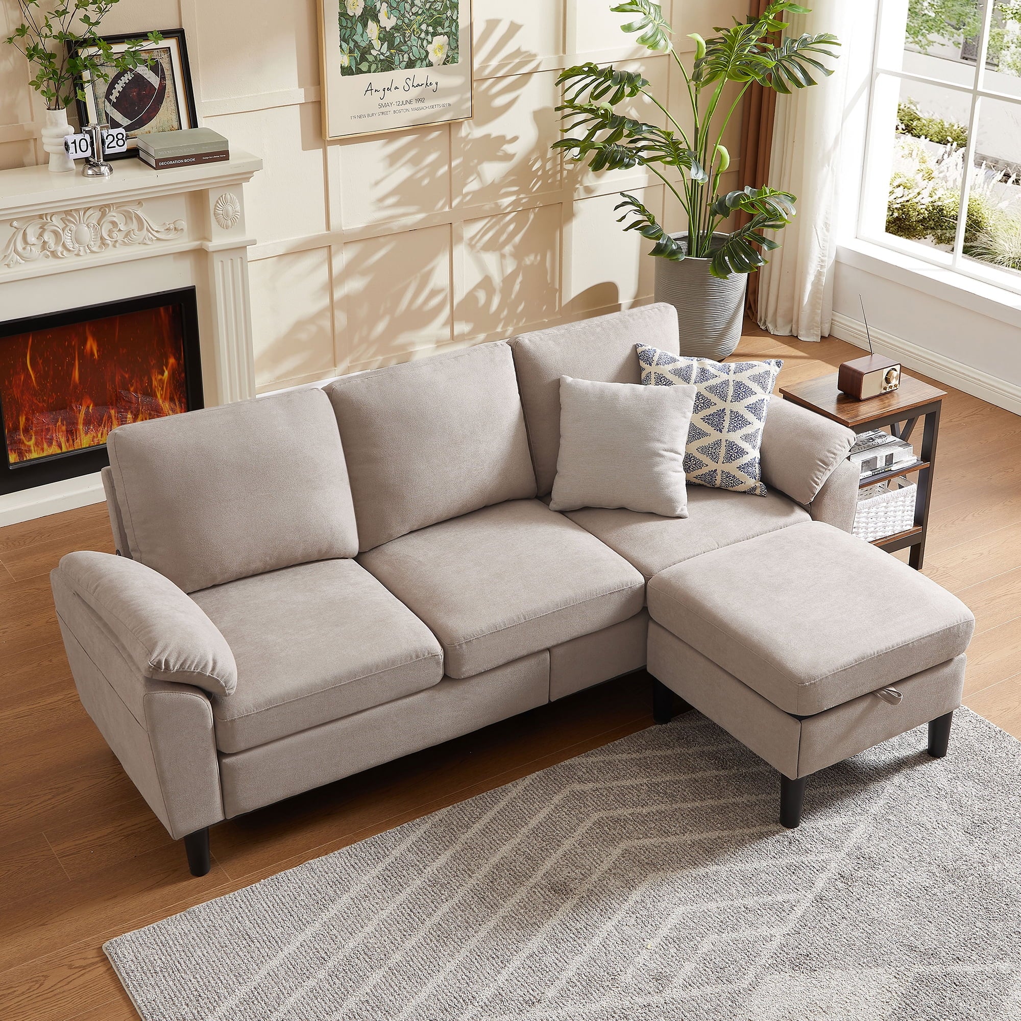 Jarenie 80 Convertible Sectional Sofa, Small L Shaped 3 Seat Couch with Reversible Storage Chaise, Modern Polyester Fabric Sofa Couches for Living Room, Apartment and Small Space, Beige