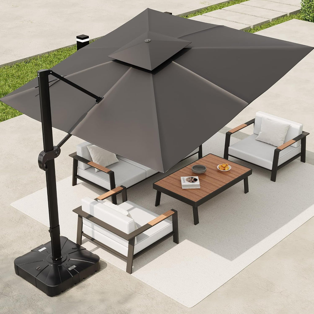 SOLLED 10x10 FT Outdoor Umbrella with Base, Cantilever Patio Umbrella 360° Rotation Adjustable Height, Square Sun Shade for Pool Garden Backyard,Blue