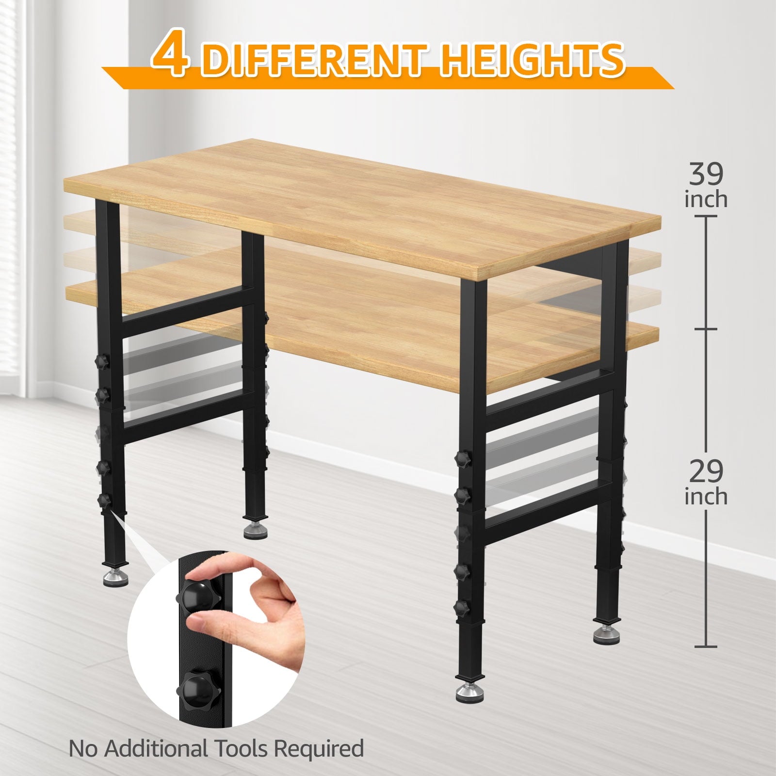 60 Adjustable Workbench,Heavy-Duty Work Table,3000 LBS Load Capacity Hardwood Workstation Outlets with Power strips and Wheels,for Workshop, Garage