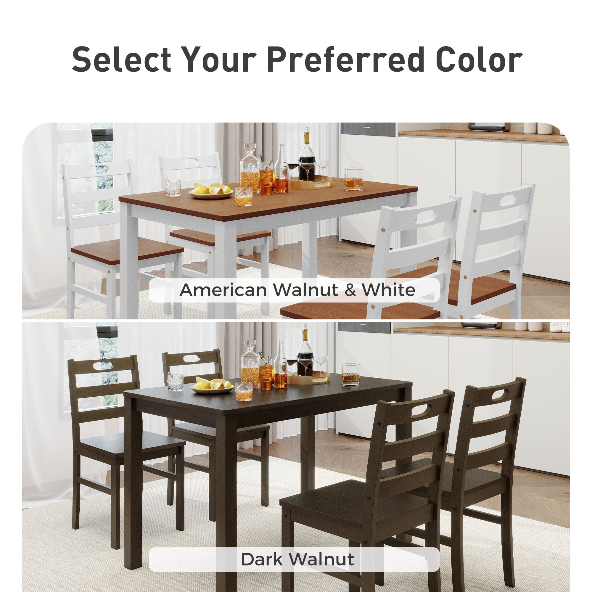 Alpha Joy Farmhouse Dining Table Set for 4 Solid Wood Kitchen Chairs and Table Set, Walnut & White