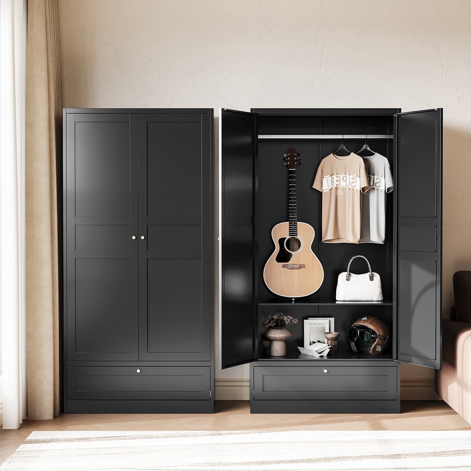 STANI Metal Wardrobe Closet with Hanging Rod, 72 White Armoire Wardrobe Cabinet with Adjustable Shelves, Clothes Storage Organizer Cabinets for Bedroom, Bathroom, Office