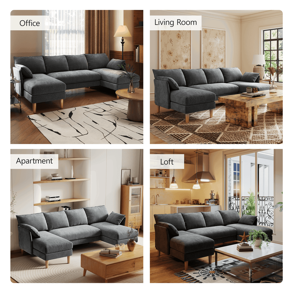 BedLuxury 100 U-Shape Sectional Sofa with Chaise, Chenille Modern Couch with High Legs for Living Room, Apartment, Gray