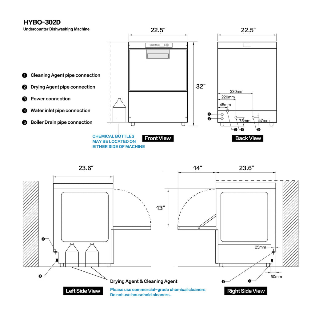 HYBOKITCH Undercounter Commercial Dishwasher/Glasswasher Built-in Booster, Built-in Detergent & Rinse Aid Pumps, Stainless Steel, Up to 40 Racks/Hr, 208~240V