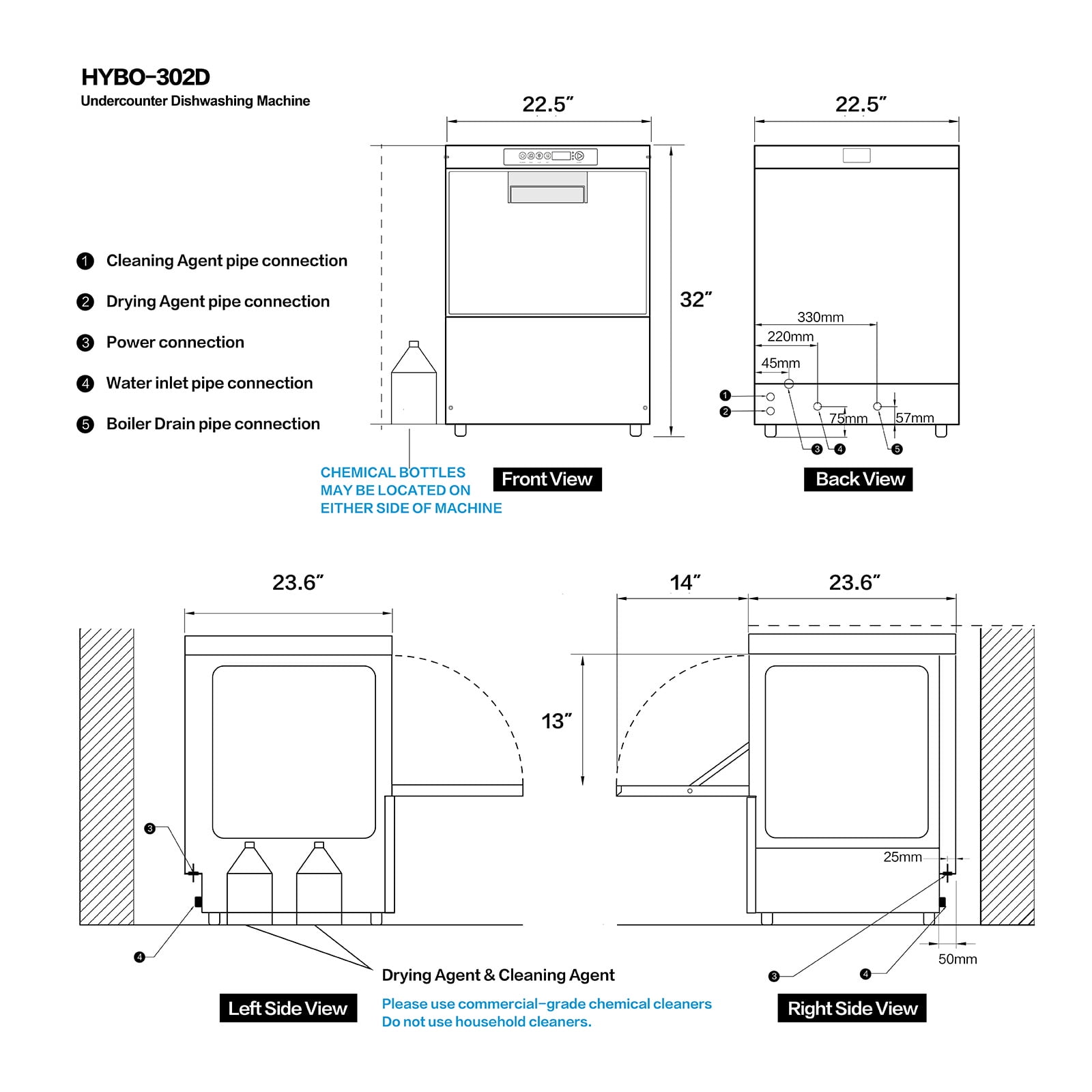 HYBOKITCH Undercounter Commercial Dishwasher/Glasswasher Built-in Booster, Built-in Detergent & Rinse Aid Pumps, Stainless Steel, Up to 40 Racks/Hr, 208~240V