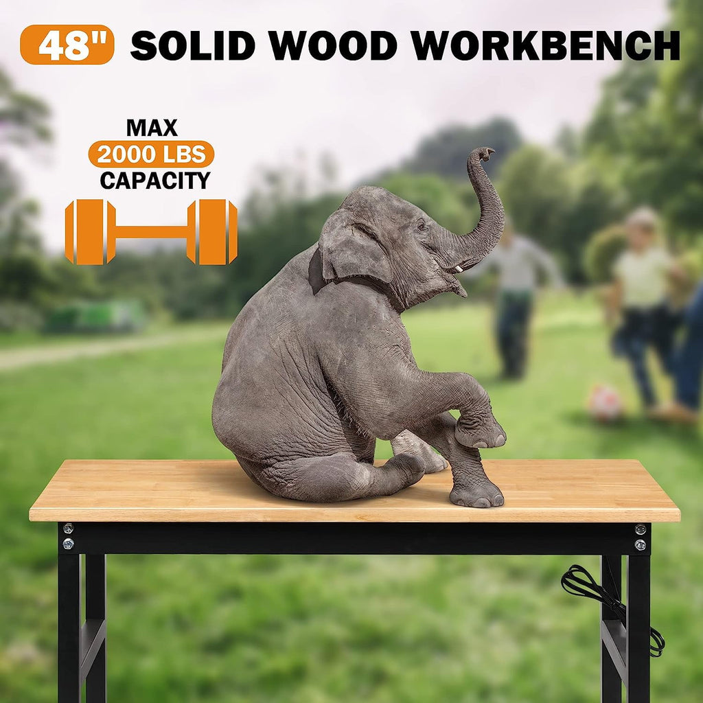 Tolead 60 Heavy-Duty Adjustable Workbench with Power Outlets, Rubber Wood Shop Table, Metal Wheels, Workstation