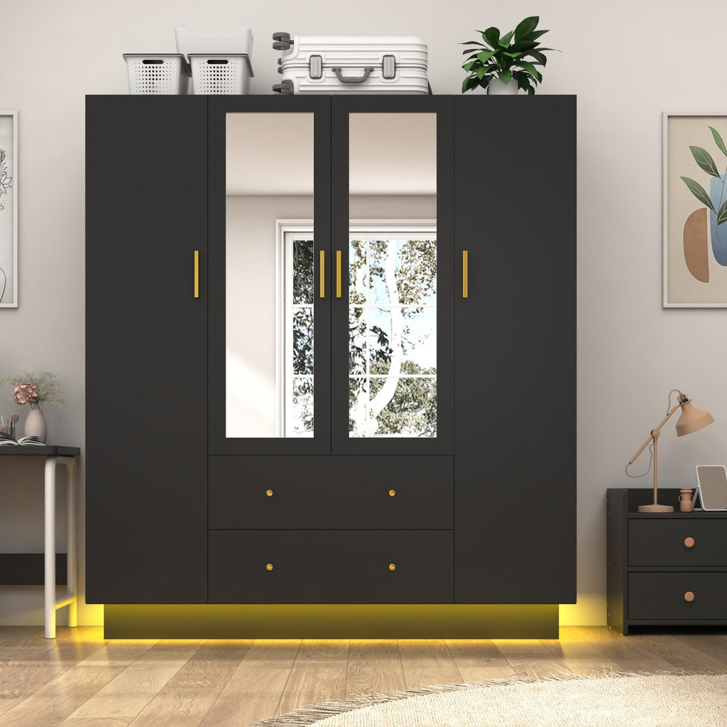 Blotout 70 Armoire Wardrobe Closet with Mirror, LED Wardrobe Armoire with 2 Drawers, 3 Door Wood Armoire Storage with Hanging Rods and Multi-Layer Shelves