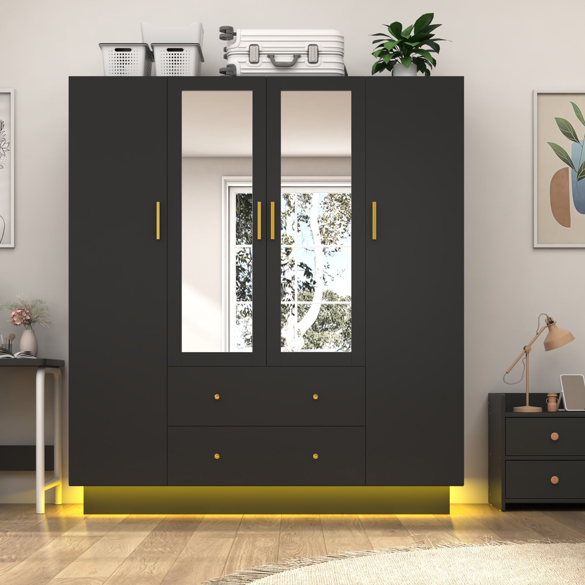 Blotout 70 Armoire Wardrobe Closet with Mirror, LED Wardrobe Armoire with 2 Drawers, 3 Door Wood Armoire Storage with Hanging Rods and Multi-Layer Shelves