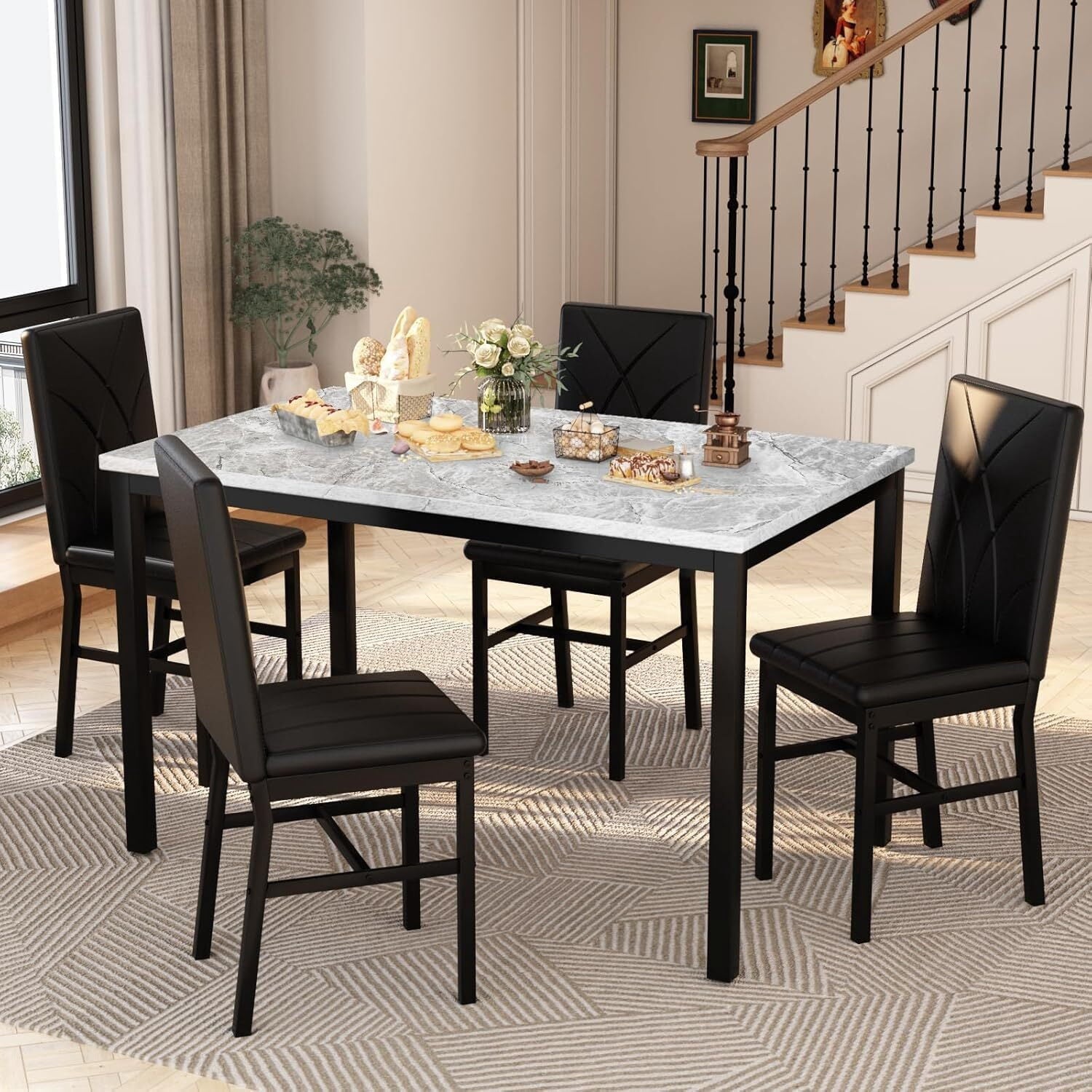 MOOSENG Dining Table Set for 4, Faux Marble Kitchen Table and Chairs Set of 4, 5-Piece Dining Room Set with PU Leather Upholstered Chairs for Small Space, Gray
