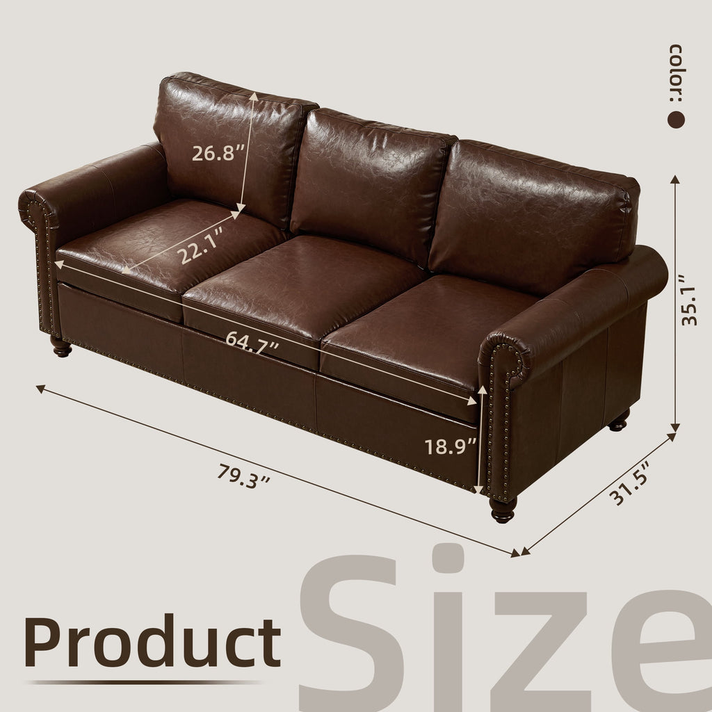Me'on 80'' Faux Leather Sofa with Storage Seats, Classic 3-Seater Couch with Nailhead Trim, Easy Assembly, Dark Brown