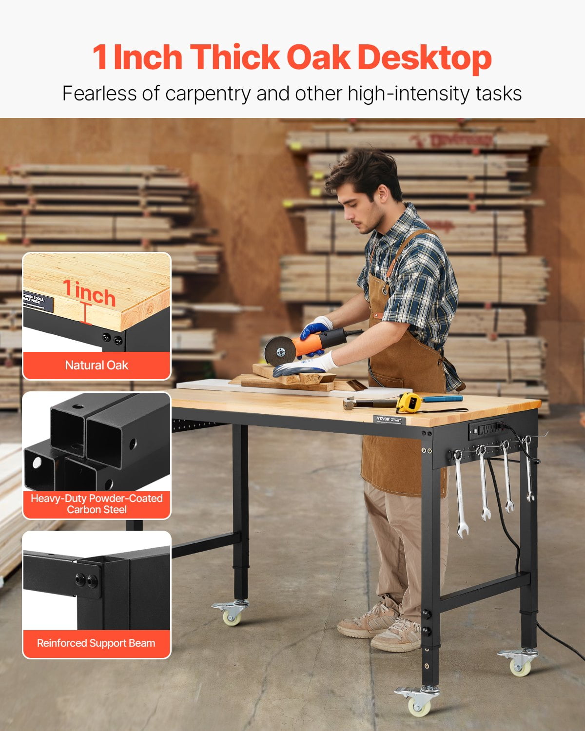 VEVOR 48-Inch Adjustable Workbench, 2000 lbs Load, Work Bench with Power Outlet, Wheels, and Pegboard, Heavy Duty Oak Wood Top Work Table for Garage, Workshop, Office, and Home