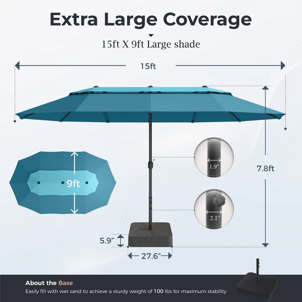 Alpha Joy 15ft Dual-Layer Outdoor Patio Umbrella Extra-Large Double-Sided Garden Umbrella with Ventilation and Base - Beige