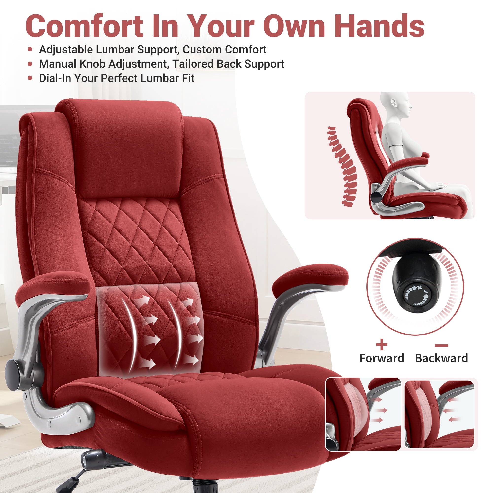 Ergonomic Home Office Chair with Locking Wheels, High-back Desk Chair with Thick Padded Flip-up Armrest, Comfy Executive Chair with Adjustable Lumbar Support for Home & Office & Work