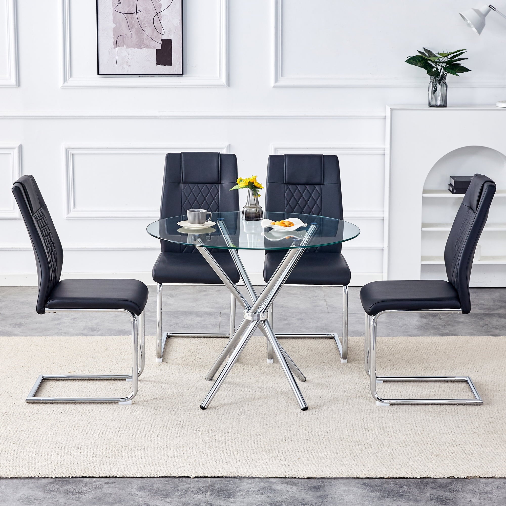 LUFTUT 36.6 Round Glass Dining Table, Modern Gold Base Kitchen Table, Small Space Bistro Table, Clear Tempered Glass Top for Apartmen