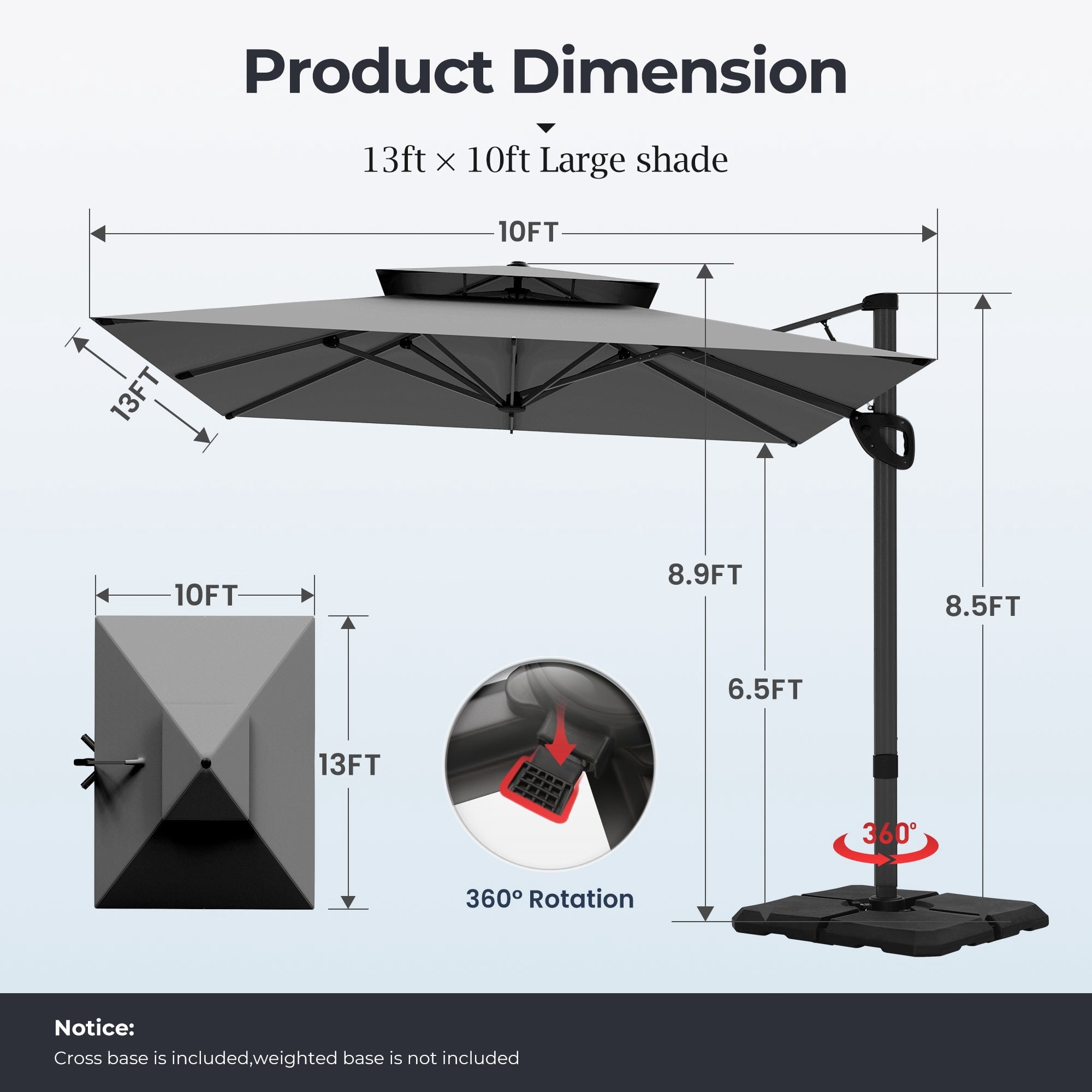 Alpha Joy 12x9ft Outdoor Patio Umbrella Large Rectangle Offset Cantilever Double Umbrella with 360°Rotation, Beige