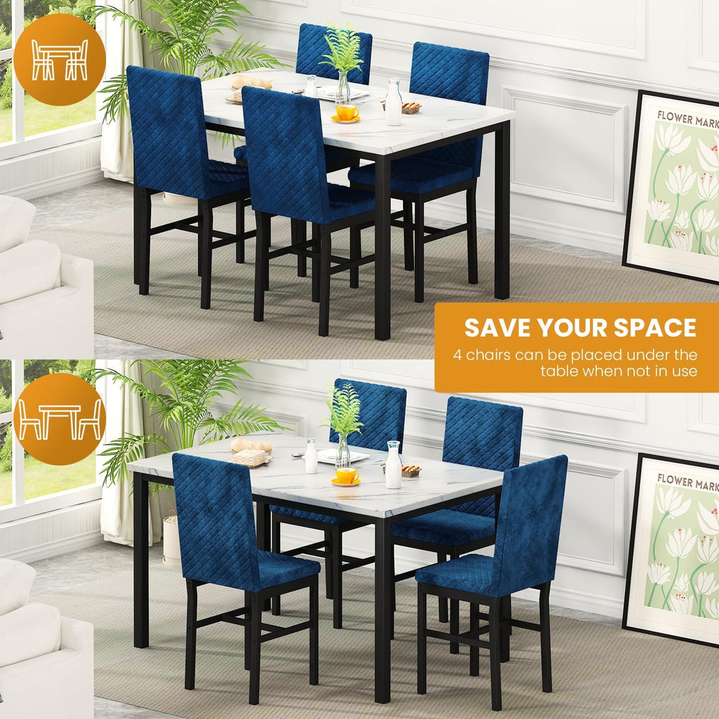 Baxluxe Dining Table Set for 4, Modern 5 Piece Dining Table Set, Faux Marble Kitchen Table and 4 Velvet Upholstered Chairs for Apartments, Dining Rooms, Small Spaces, Gray