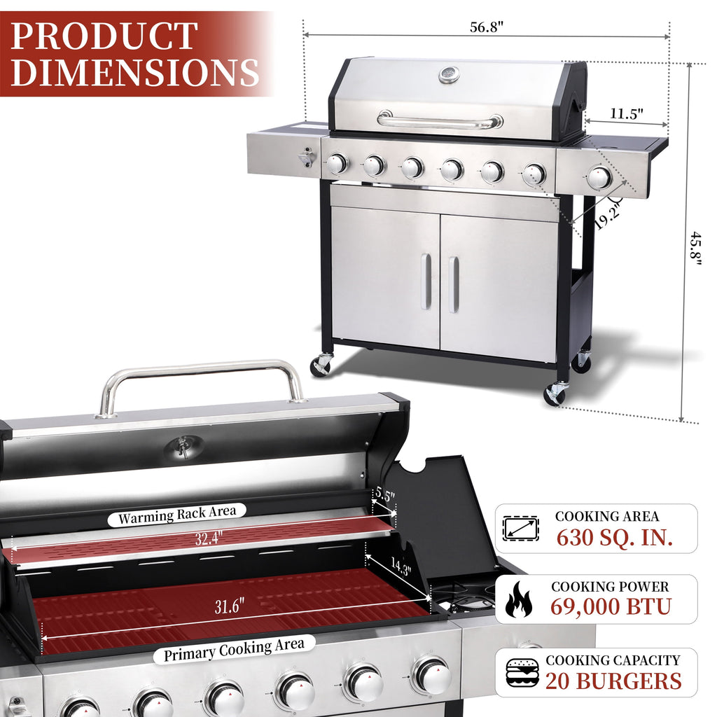 CIG GARDEN 6-Burner Propane Gas Grill with Side Burner,73000 BTU Output Double-Layer Stainless Steel BBQ Grill Lid with Cast Iron Grates