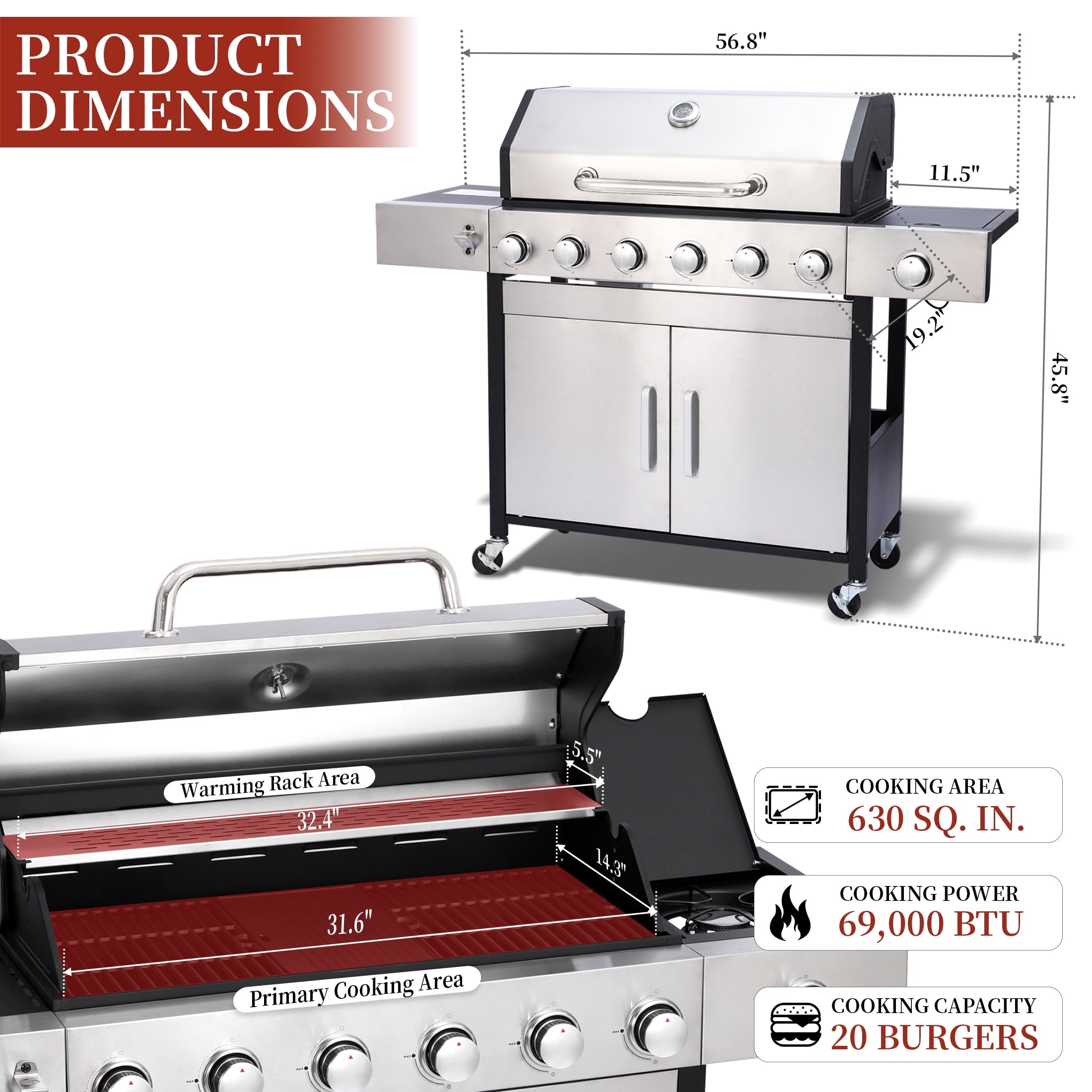 CIG GARDEN 6-Burner Propane Gas Grill with Side Burner,73000 BTU Output Double-Layer Stainless Steel BBQ Grill Lid with Cast Iron Grates