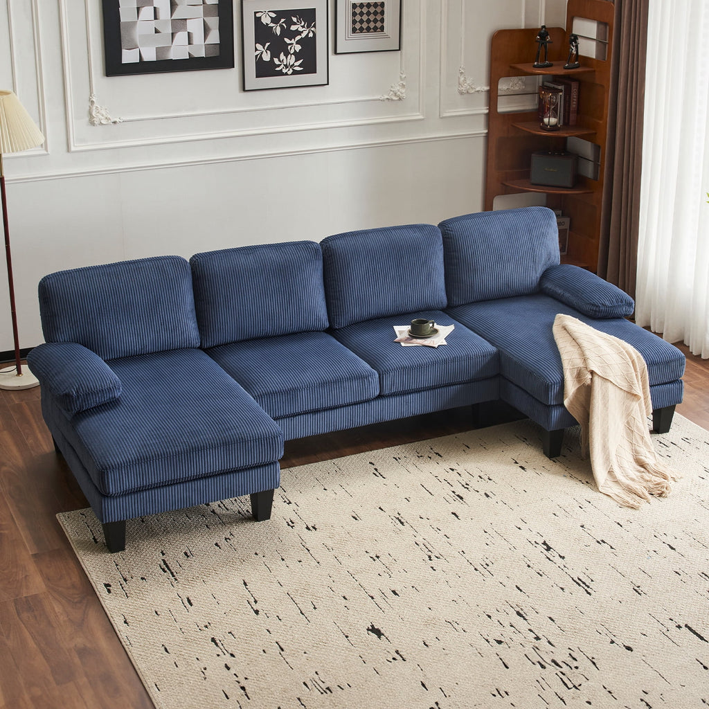 Ktaxon U-Shaped Sectional Sofa, 111  Chenille Couch, 4 Seat Lounge Sleeper with Double Chaise for Living Room Black
