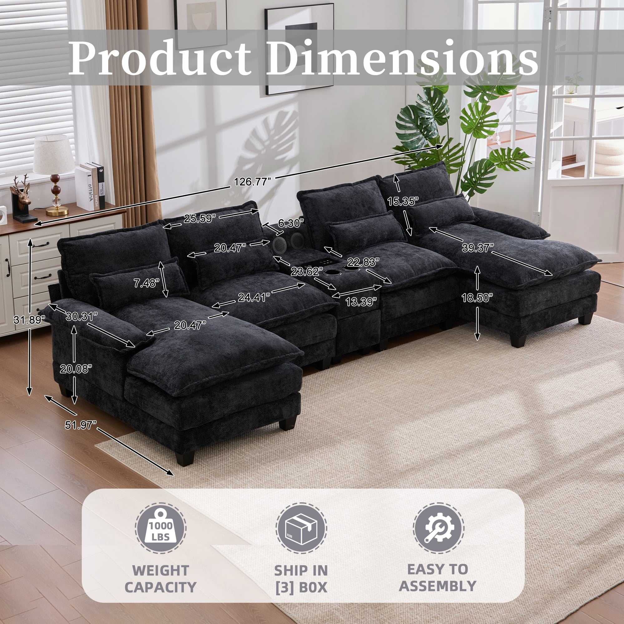 Villeston 126.77 U-Shaped Cloud Sofa With Chaise Lounge, Chenille Sofa With Wireless Charging, Bluetooth Speaker, Two Cup Holders, Storage Drawer, Suitable For Living Room,Gray