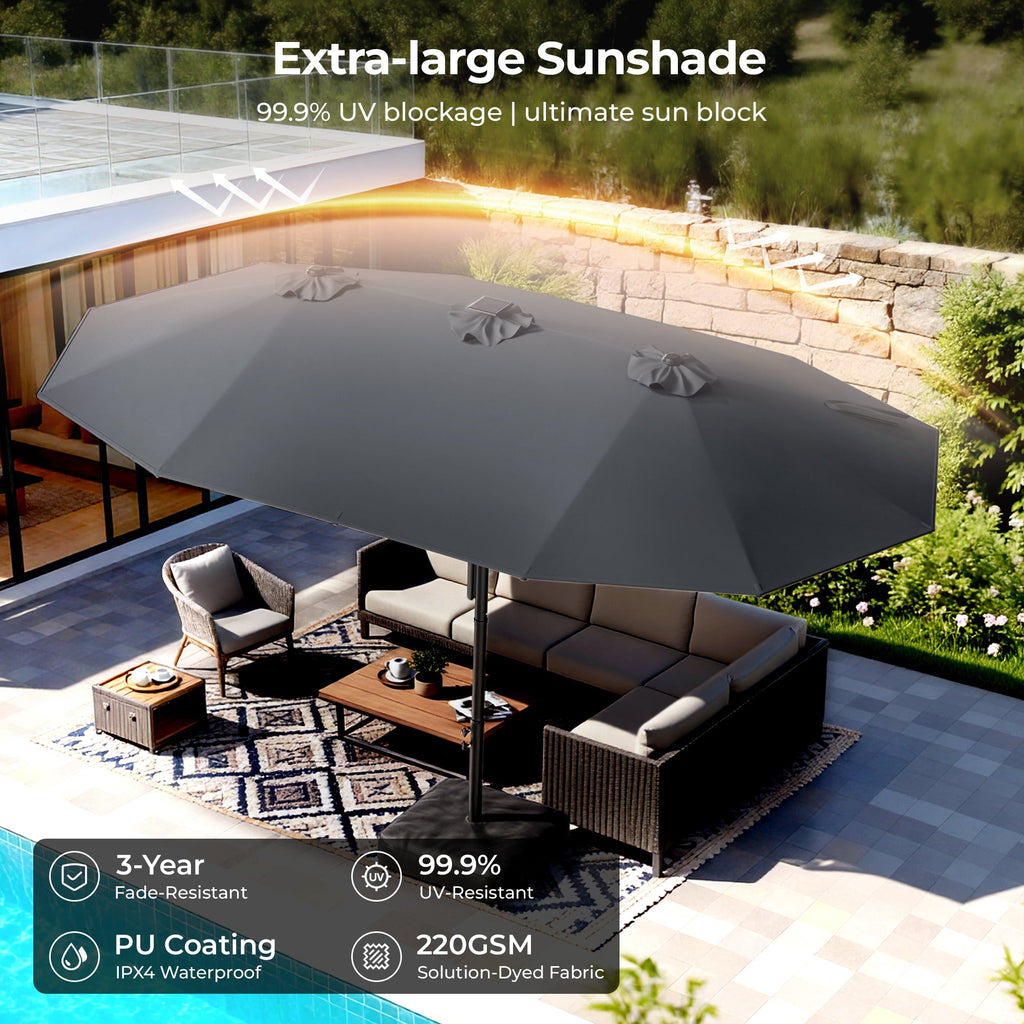 15ft Smart Electric Patio Umbrella, Large Double Sided Rectangular Outdoor Patio Umbrella with Light and Base for Lawn, Garden, Backyard,Beige