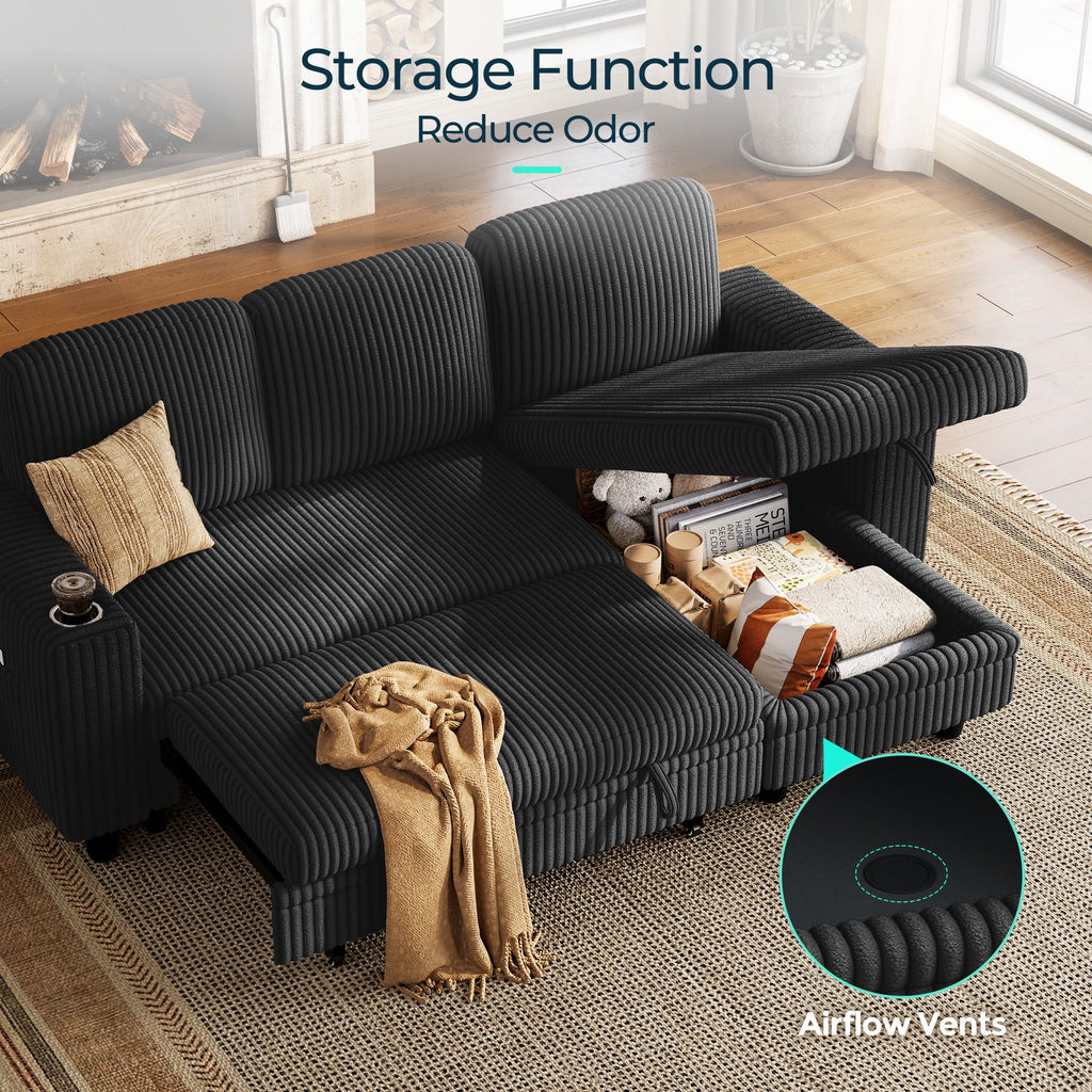 LINSY HOME L Shaped Sectional Couches for Living Room, Sleeper Sofa Bed with Reversible Storage Chaise, Pull Out Couch Bed with USB, Cup Holder, Black