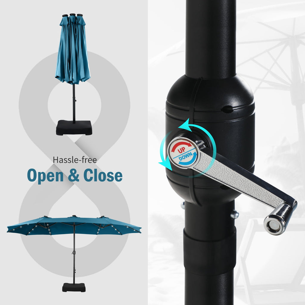 SUMMIT LIVING 15 FT Double-Sided Solar Patio Umbrella with Base Large Outdoor Umbrella with LED Solar Lights - Haze Blue