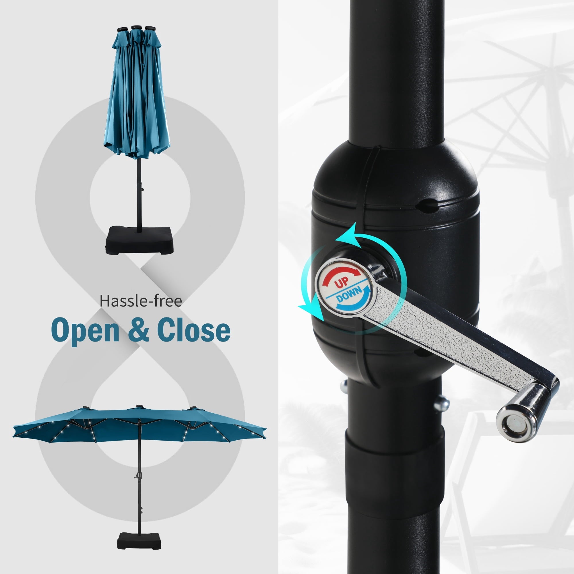 SUMMIT LIVING 15 FT Double-Sided Solar Patio Umbrella with Base Large Outdoor Umbrella with LED Solar Lights - Haze Blue