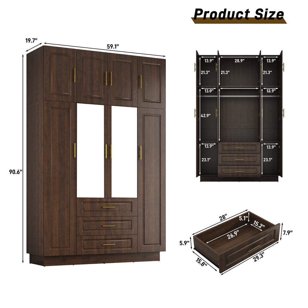 ChVans 3 Door Armoire Wardrobe Closet with Top Cabinet and Mirror, 94.5'' LED Wardrobe Armoire with 3 Drawers, Hanging Rod & Multi-Layer Shelves for Bedroom, Black
