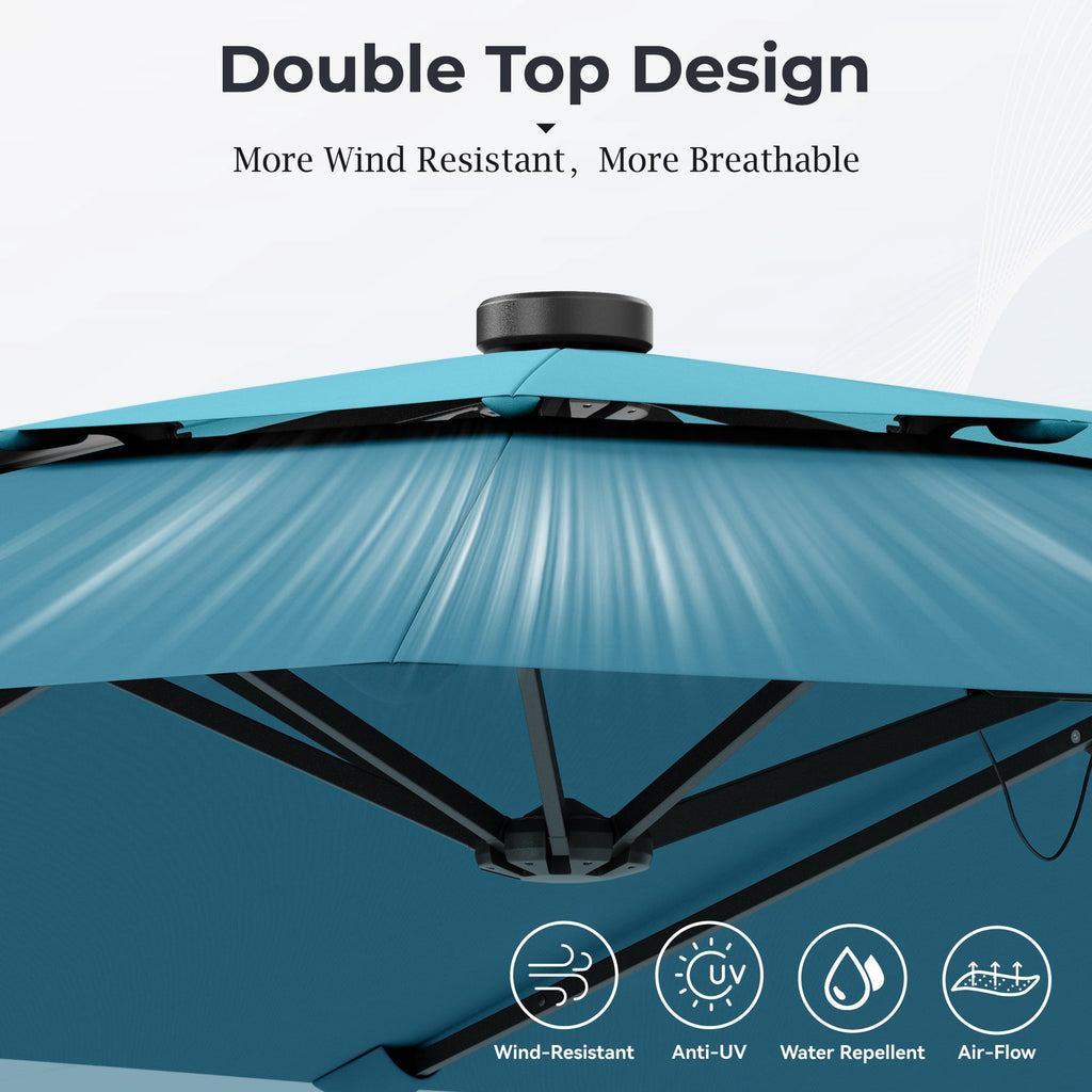 Alpha Joy 15ft Dual-Layer Extra Large Outdoor Patio Umbrella Double-Sided Ventilation Umbrella with Led Lights & Umbrella Base, Beige