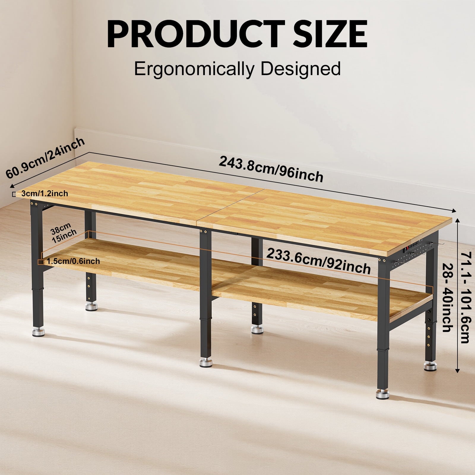 MUWOOD 96-inch Adjustable Height Workbench with Adjustable Height, Wood Worktop, 5000 LBS Load Capacity for Garage, Workshop