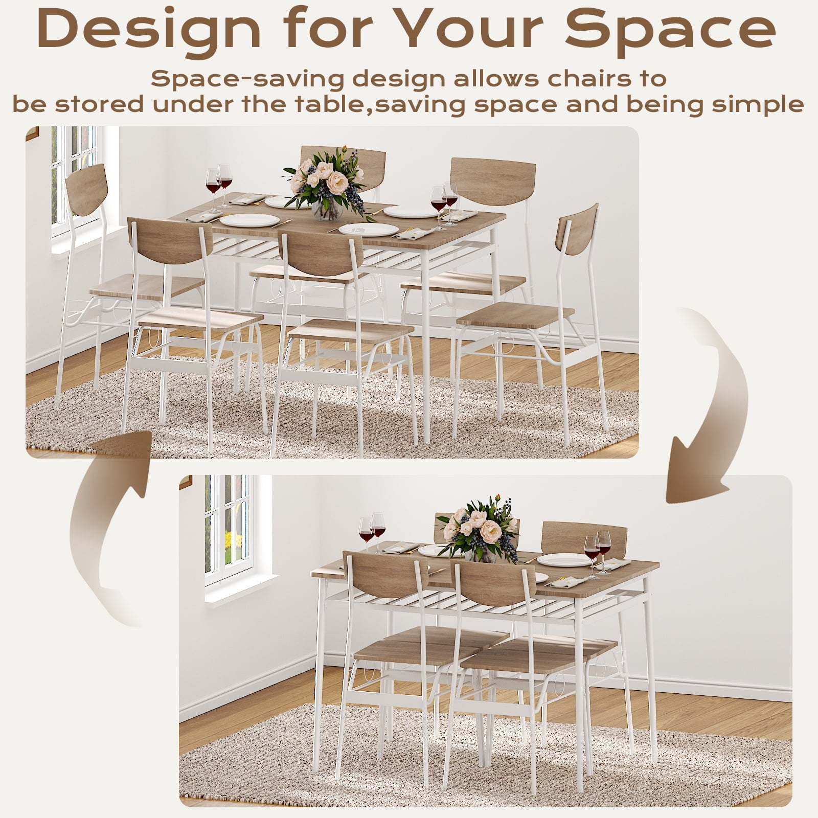 Ktaxon Dining Table Set for 4/6 with Storage Racks, Dining Room Table Set for 4/6 Modern Design, Kitchen Table and Chairs for Home Kitchen, Natural Wood