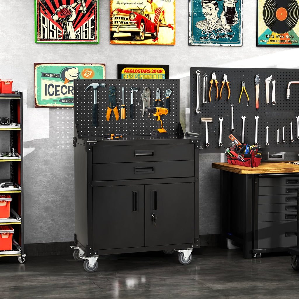 Danrelax 52 Mobile Workbench with Pegboard, 2 Drawers, Lockable Cabinet, Heavy-Duty Steel, 220 lb Capacity, 4 Locking Wheels