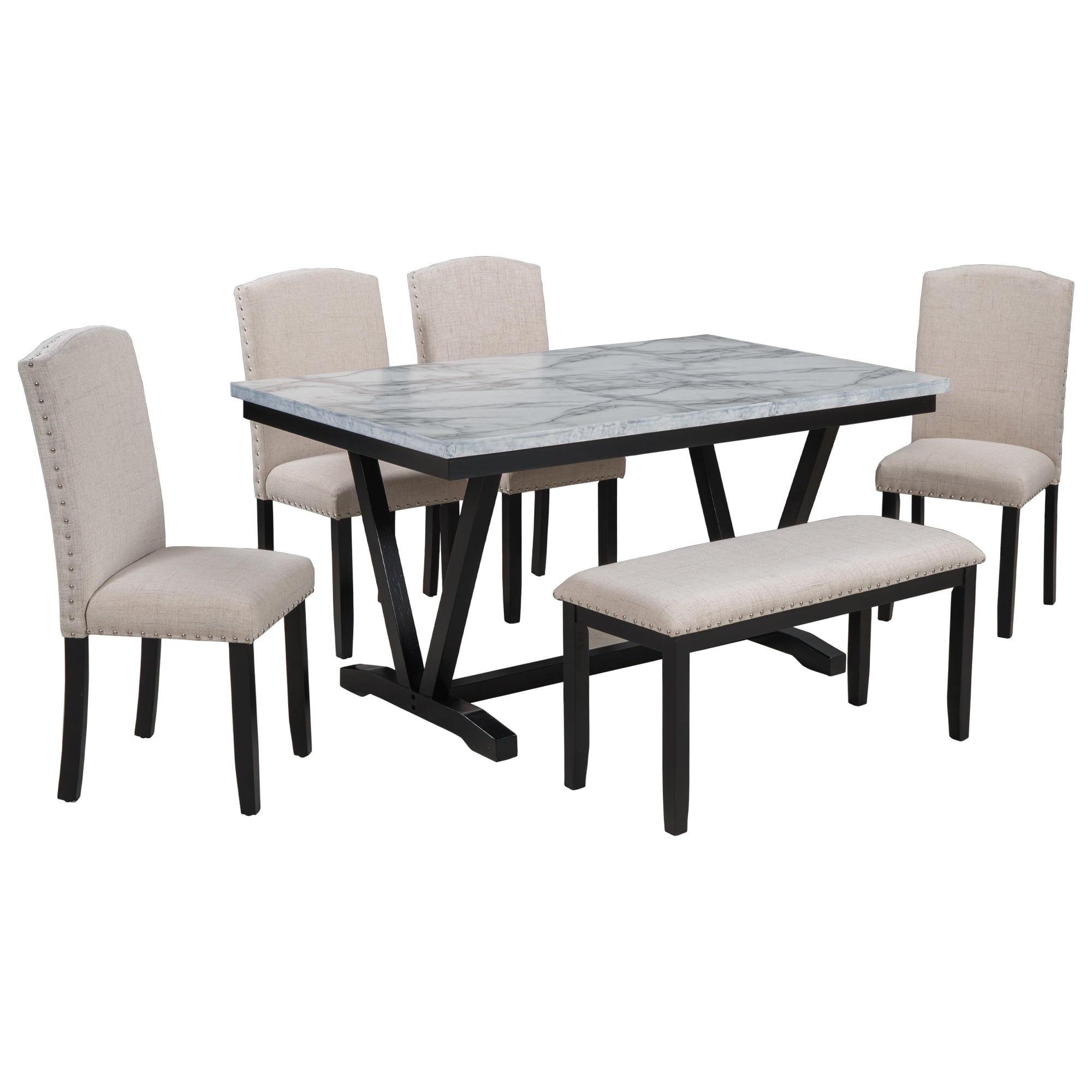 Harper & Bright Designs Dining Table Set for 6 with Bench Rectangular Table and 4 Upholstered Chairs for Kitchen, Gary
