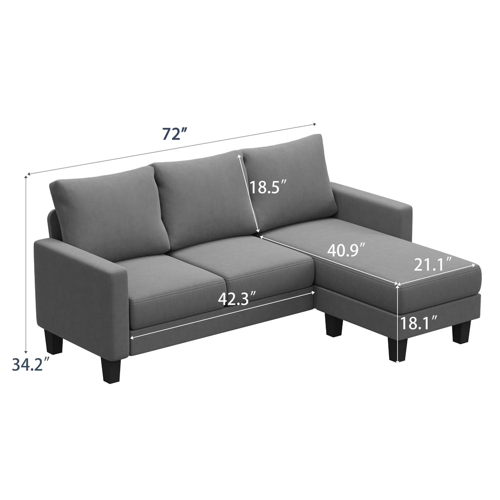 Vineego 72 L-Shaped Sectional Sofa with Ottoman Ergonomic Support Sofa Couch for Small Spaces Living Room, Apartment,Dark Gray