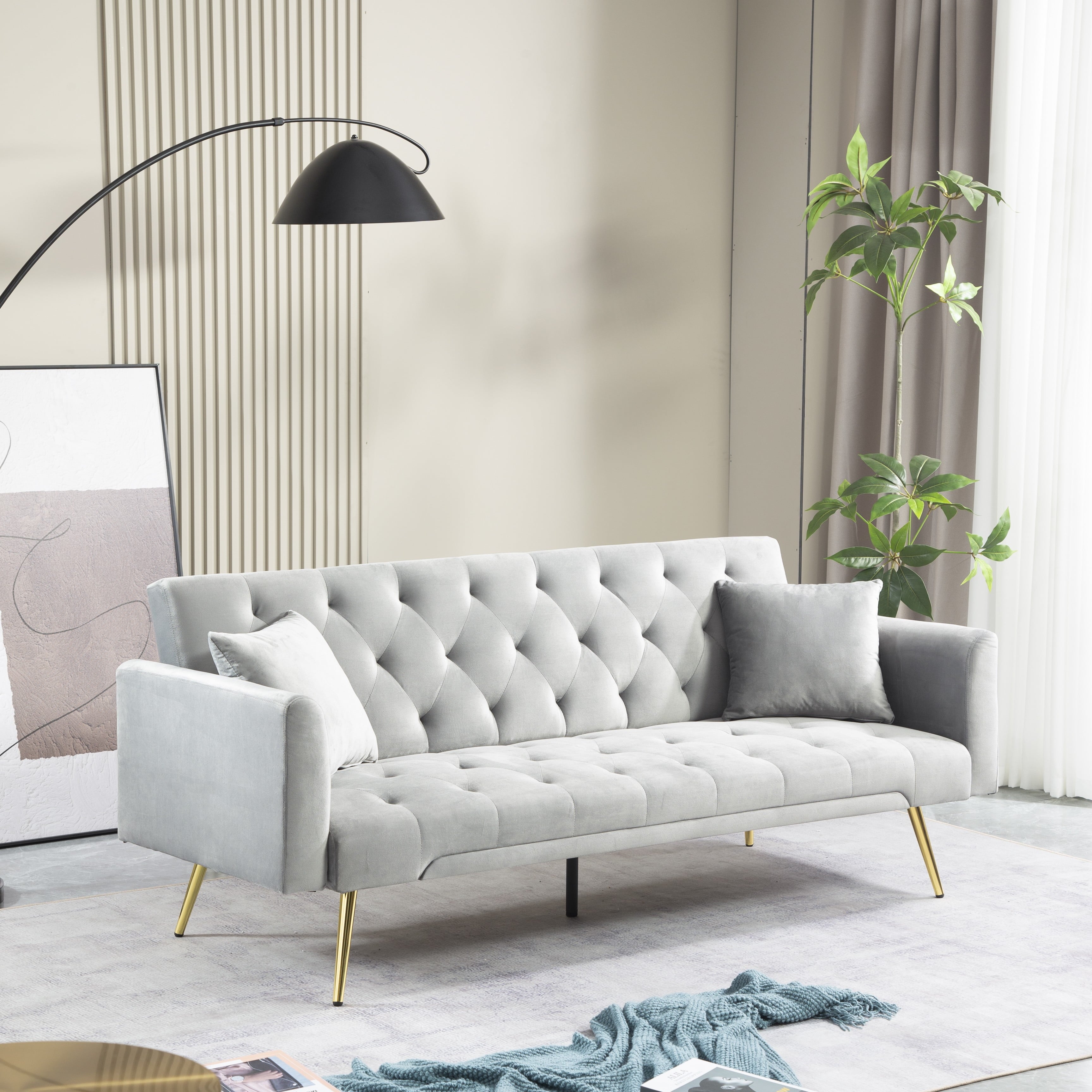 71 Inches Velvet Futon Sofa Bed with 2 Pillows,Modern Convertible Futon Couch with 3 Adjustable Backrest Angles and Gold Metal Feet,Suitable for Apartment,Living Room,Small Space,Pink