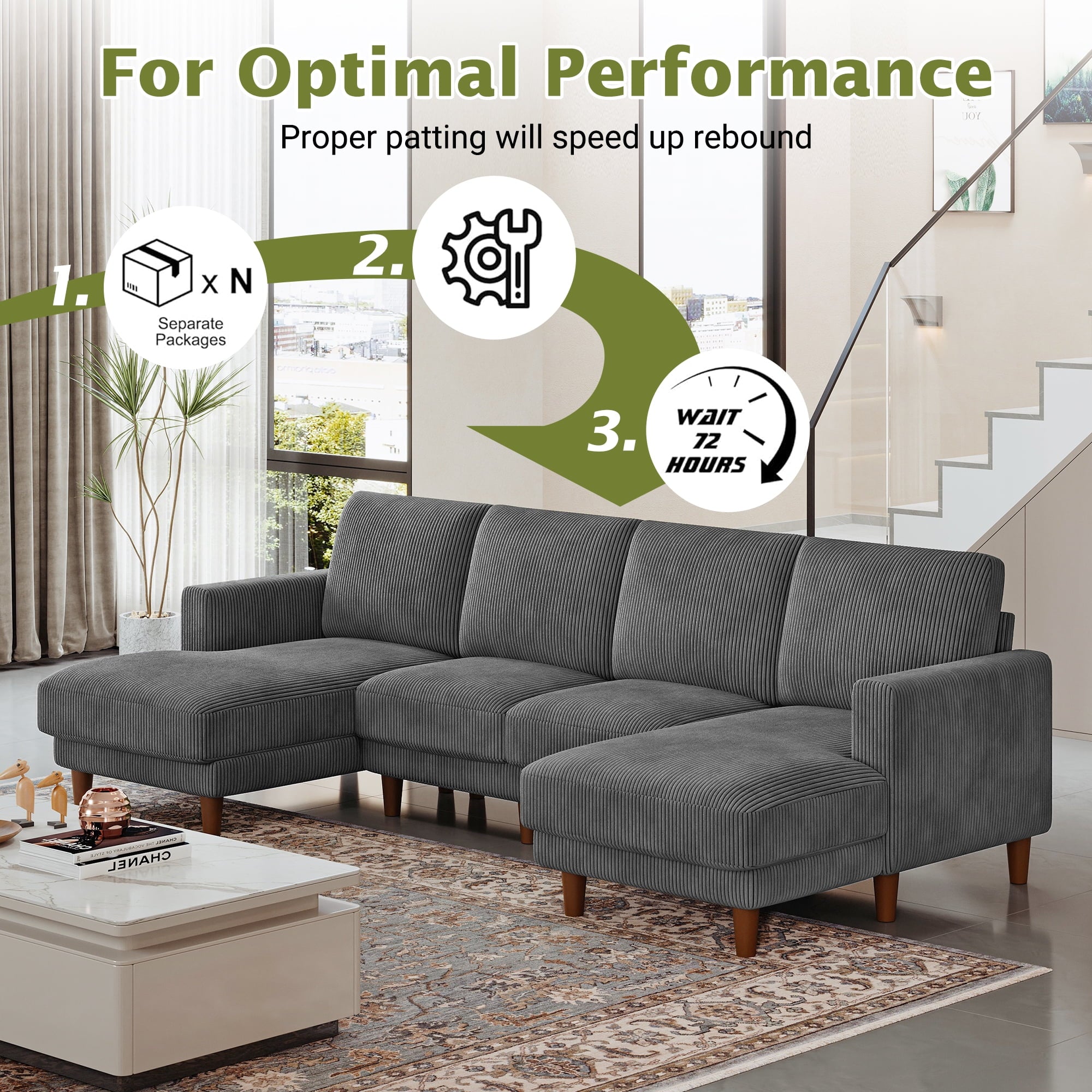 87 Corduroy Sofa,3 Seater Sofa with Extra Deep Seats,Neche Comfy Upholstered Couch for Living Room,2 Pillows,Green