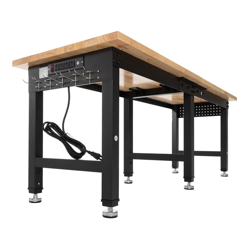 Adjustable Workbench, 5000 lbs Capacity, 96 x 24 Inch Oak Wood Top Workstation with 4 AC Outlets & 2 USB Ports, Heavy-Duty Hardwood Worktable for Garage, Workshop, Home, Office, Commercial