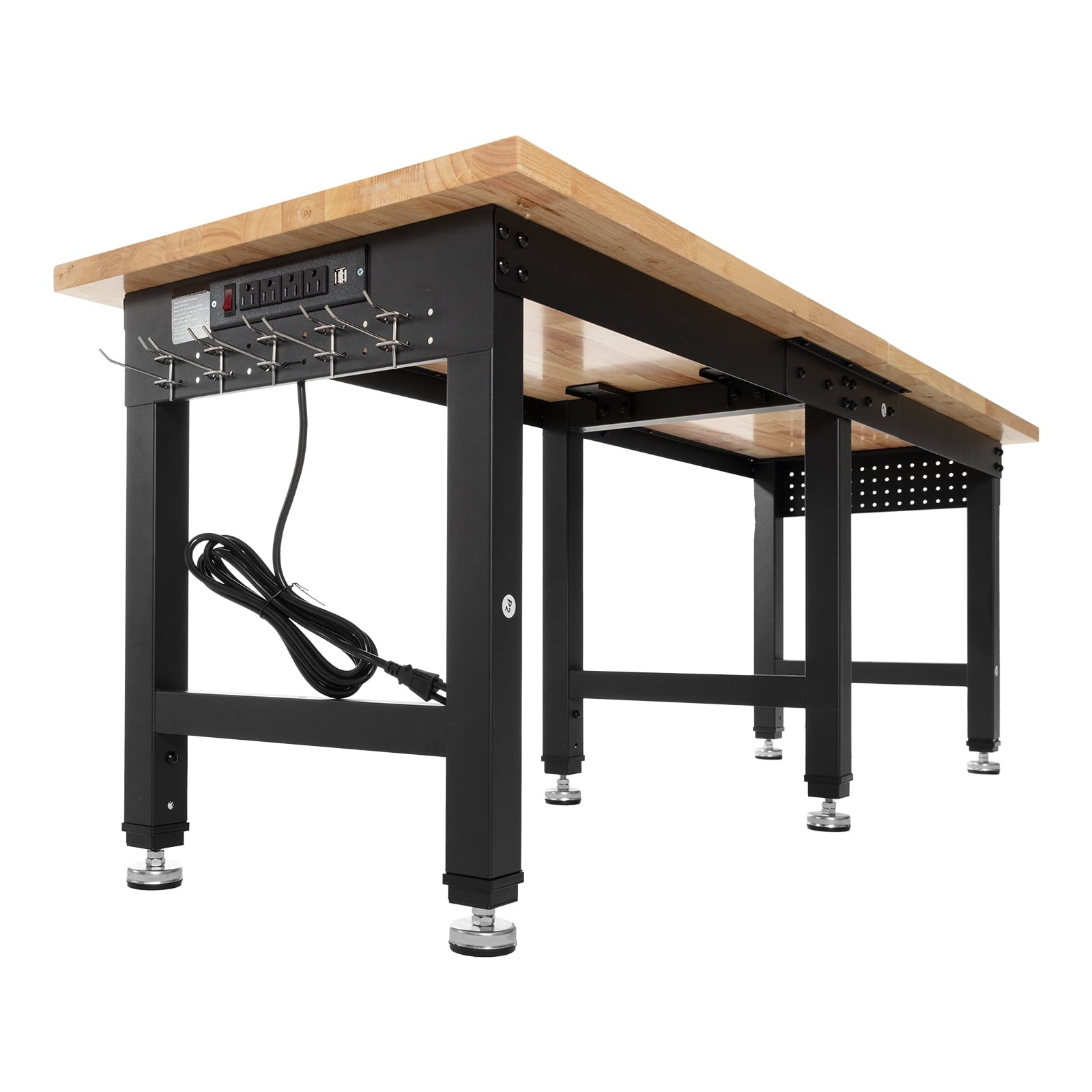 Adjustable Workbench, 5000 lbs Capacity, 96 x 24 Inch Oak Wood Top Workstation with 4 AC Outlets & 2 USB Ports, Heavy-Duty Hardwood Worktable for Garage, Workshop, Home, Office, Commercial