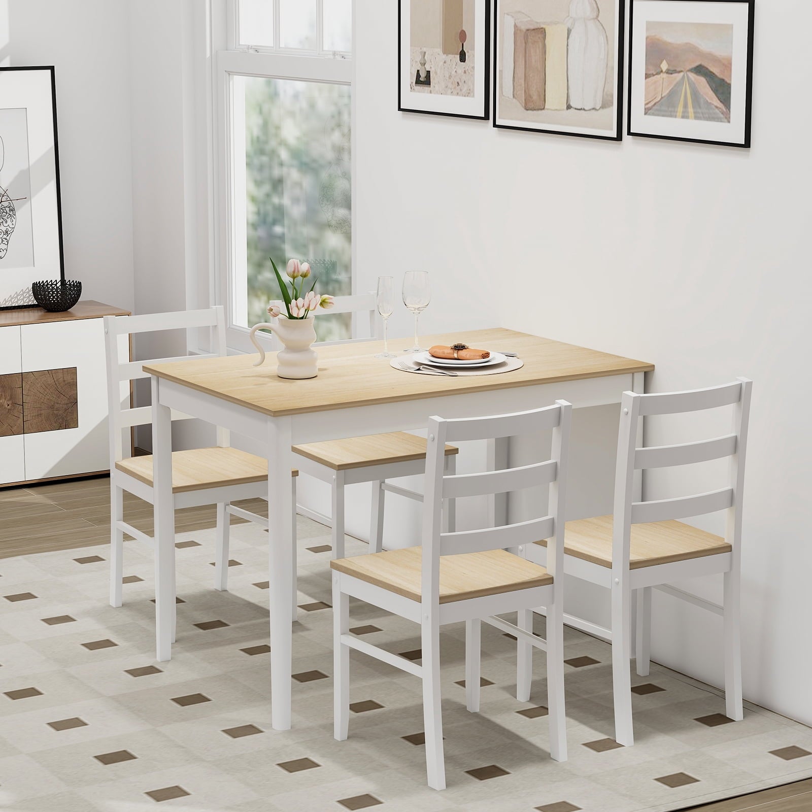 Costway 5-Piece Dining Set Solid Wood Kitchen Furniture with Rectangular Table & 4 Chairs