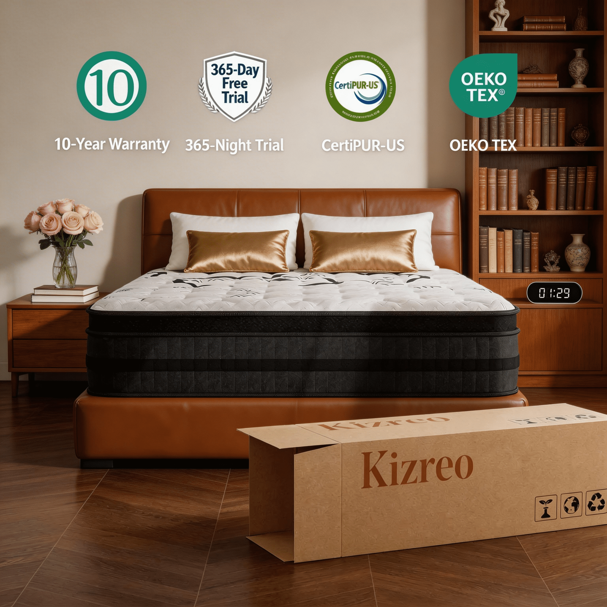 Kizreo Firm Queen Mattress, Hybrid Mattress with Gel Memory Foam and Individual Pocket Spring, OEKO-TEX and CertiPUR-US Certified, Cool Sleep, Pressure Relief, 12 in a Box