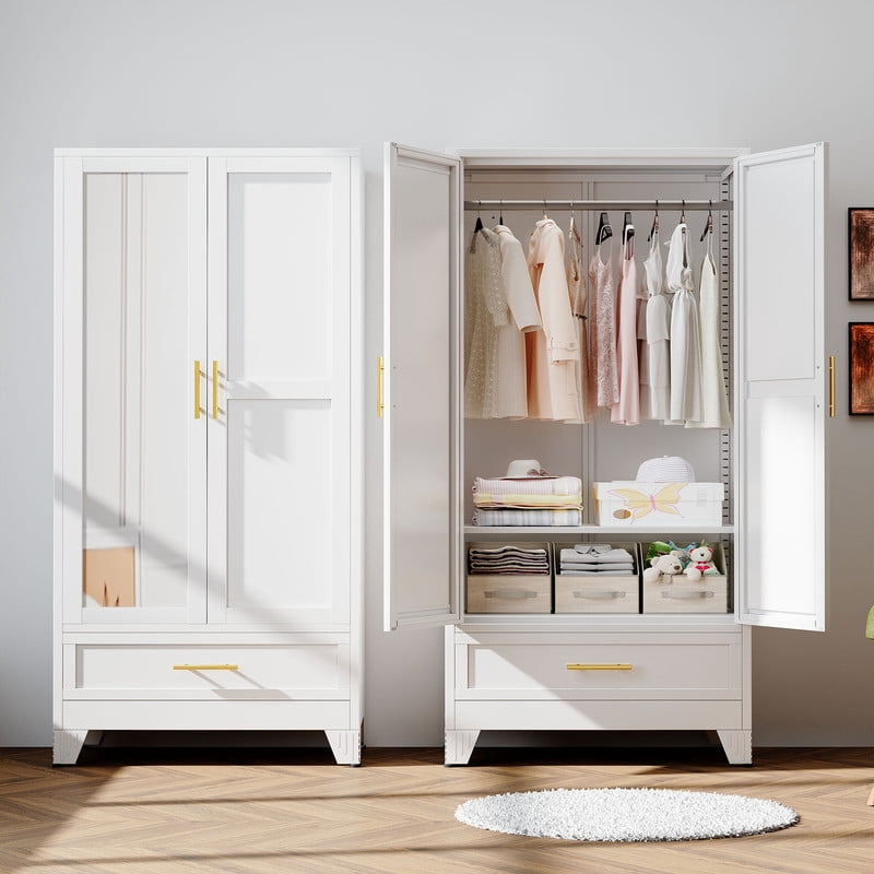 Ero Metal Freestanding Armoire Wardrobe Closet with Hanging Rod and Mirror