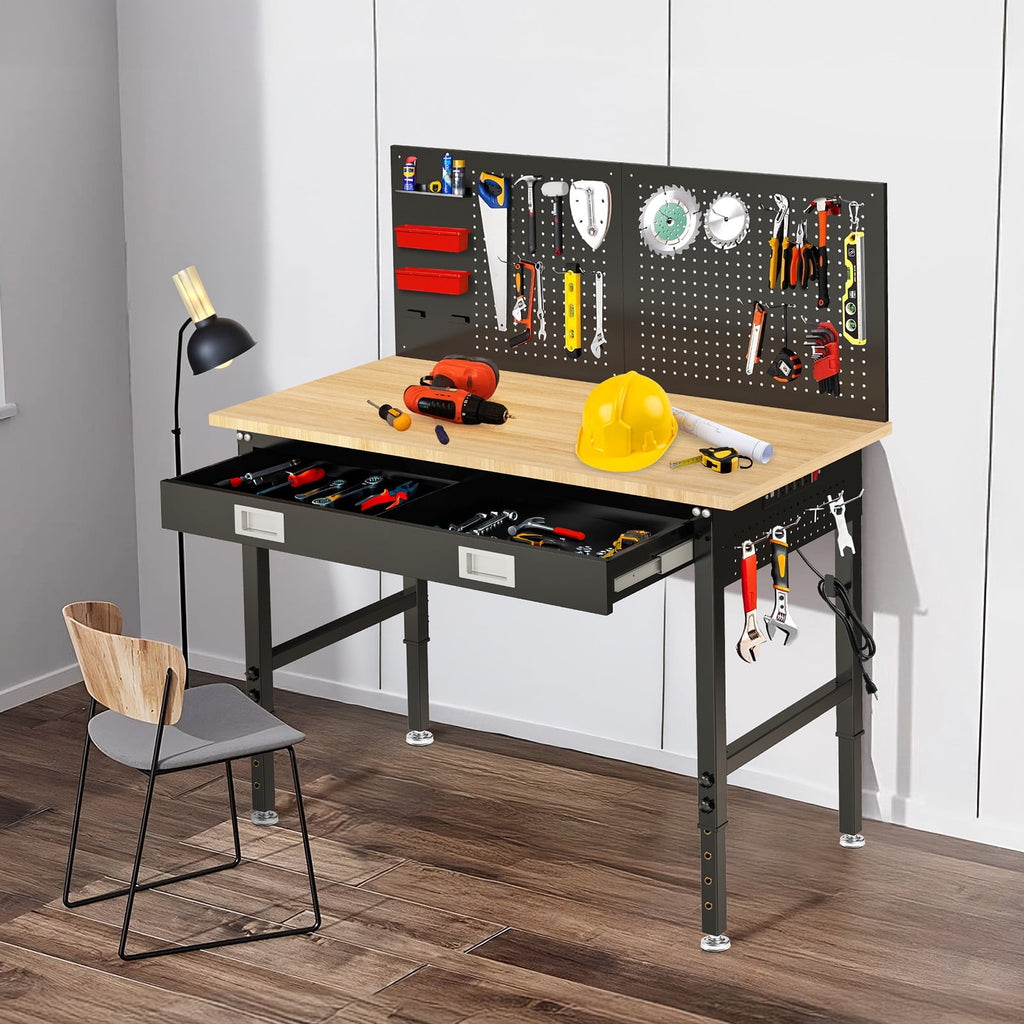 60 inch Workbench for Garage, Heavy-Duty 2 Tier Wood Work Bench with Storage Pegboards, Hooks, Power Outlets, Rubber Wood Tabletop 2000 LBS Load Bearing Workstation Garage Desk Work Table
