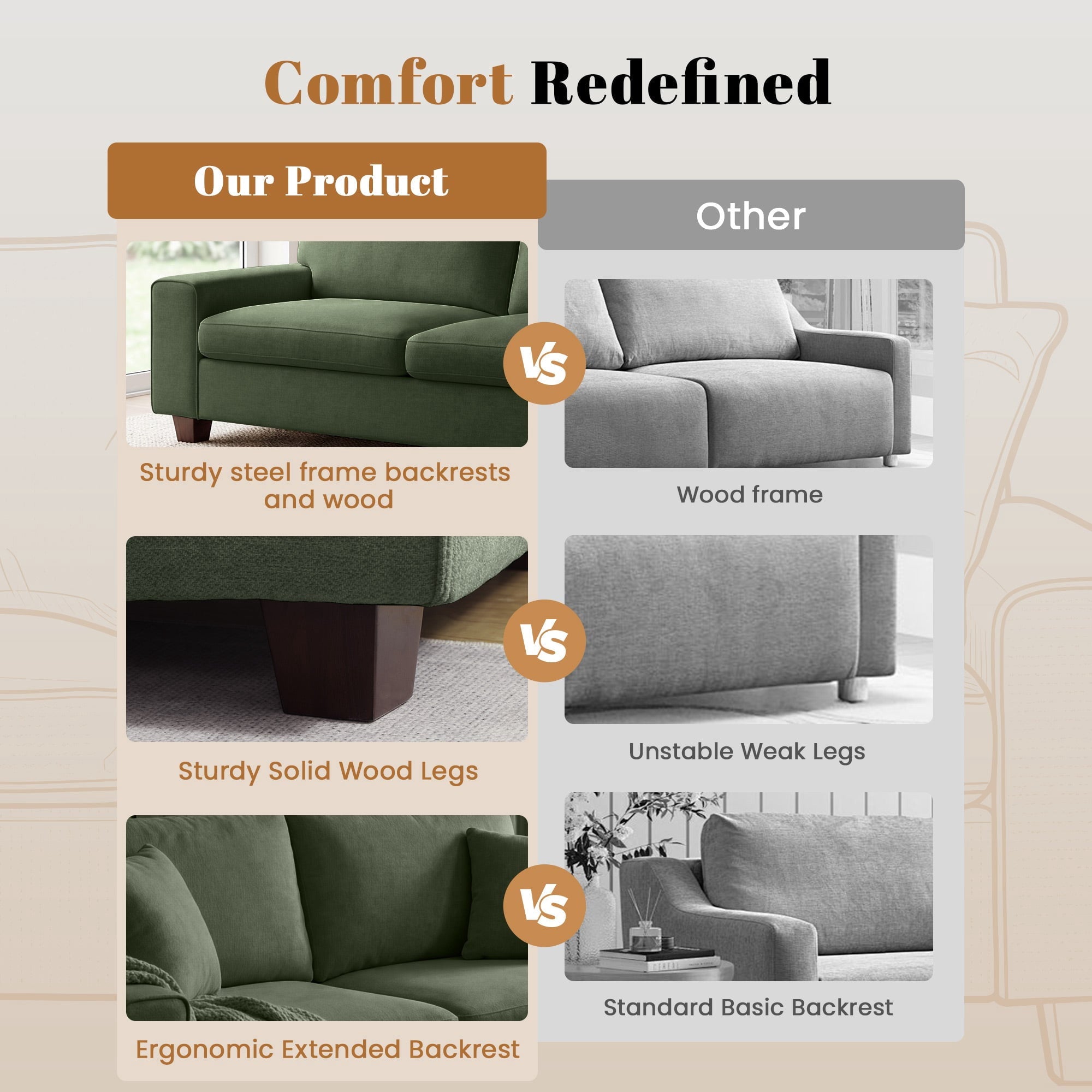 Poshby 88.58''W 3 Seater Sofa Couch with Chenille, Modern Square Arm for Living Room, Light Gray