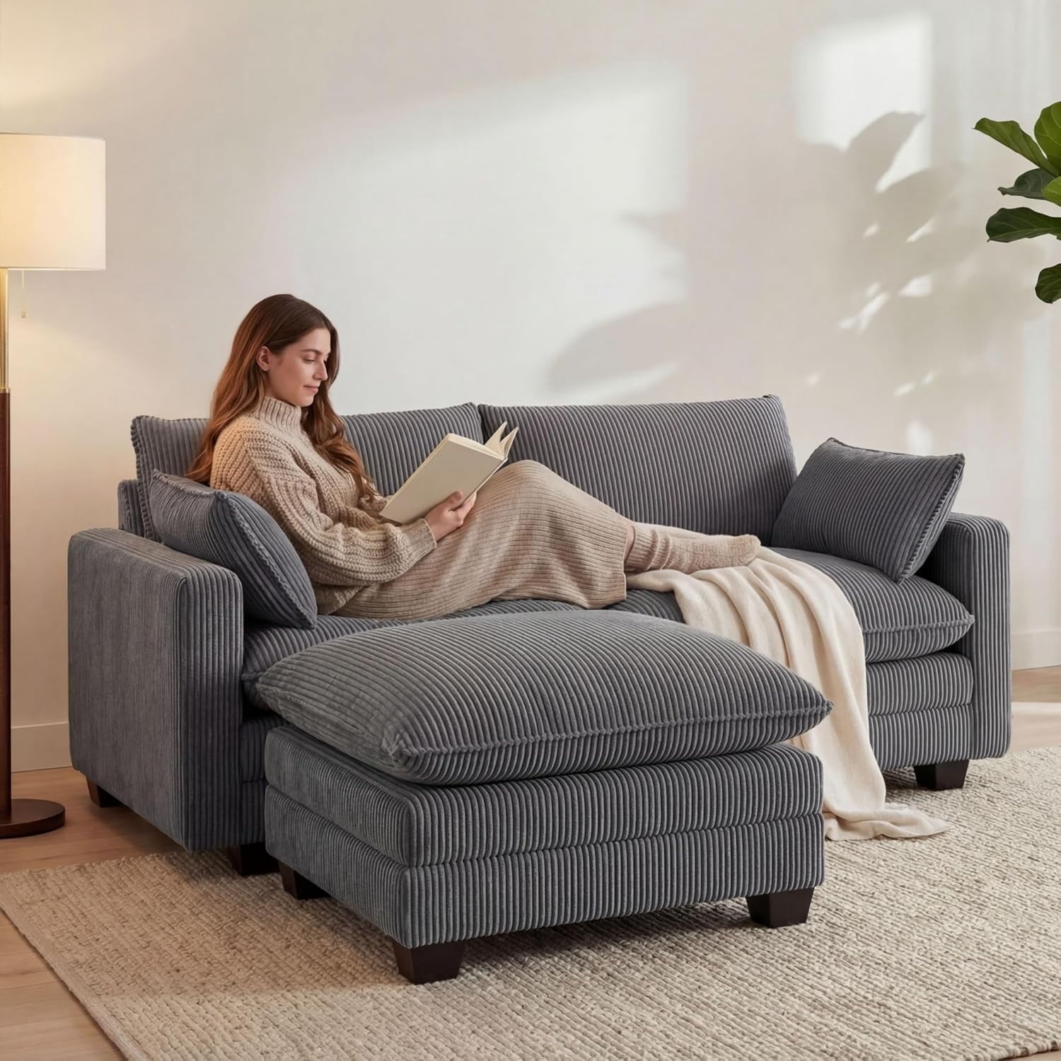 75’’ Cloud Couches for Living Room, Noelse L Shaped Modular Sofa with Deep Seats, 2 Seater Love Seat Couch with Removable Washable Corduroy Fabric for Living Room Bedroom and Apartment, Gray
