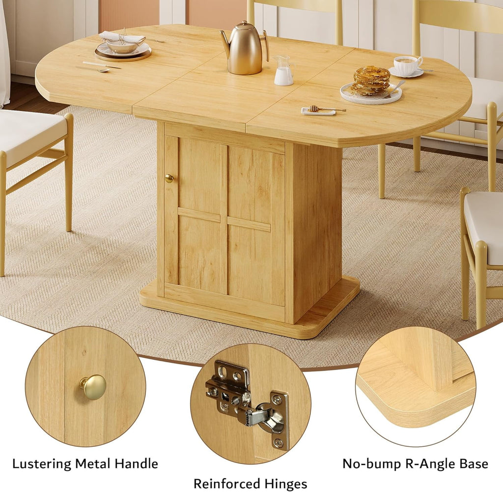 iPormis Extendable Round Dining Table for 4-6, 59'' Modern Kitchen Table with 2-Tier Storage Shelf, Wood Door, MDF Board, Space Saving Oval Dinner with Sturdy Pedestal Base, Kitchen, Dining,Walnut