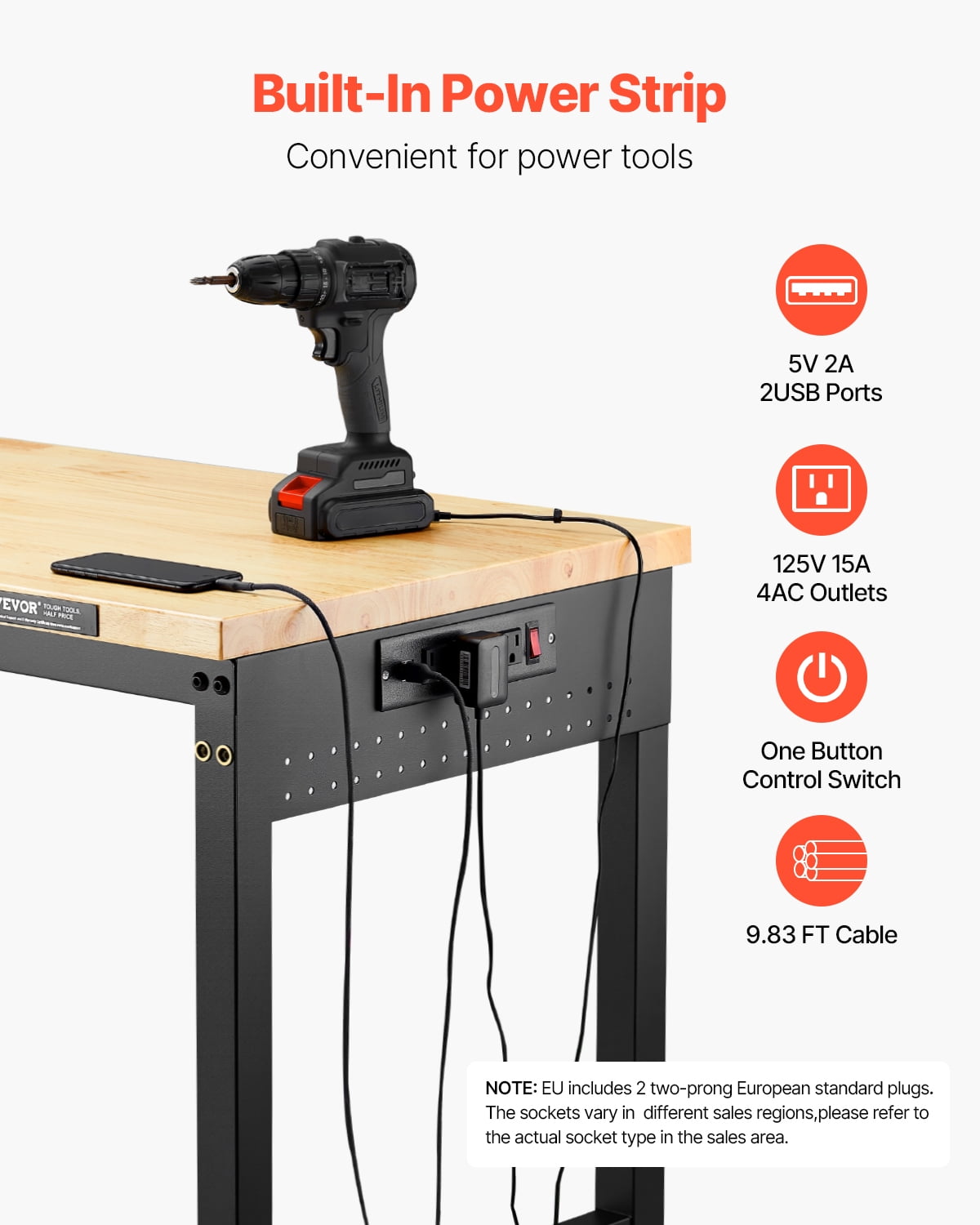 VEVOR 60-Inch Adjustable Workbench, 2000 lbs Load, Work Bench with Power Outlet, Wheels, and Pegboard, Heavy Duty Oak Wood Top Work Table for Garage, Workshop, Office, and Home