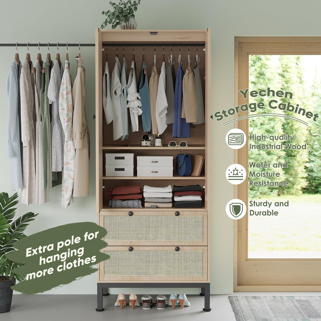 Brafabhome 67H Fluted Armoire Wardrobe Closet with Drawer, Wooden 2 Doors Wardrobe Cabinet with Hanging Rod & Adjustable Shelf for Bedroom | Whitewash