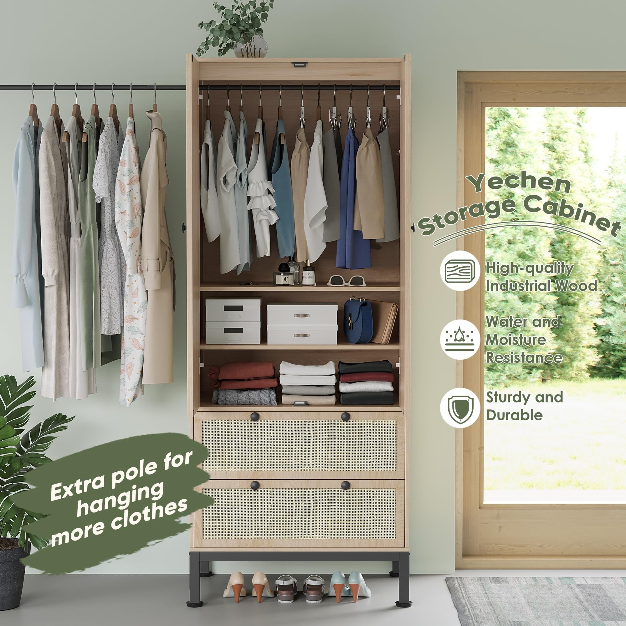 Brafabhome 67H Fluted Armoire Wardrobe Closet with Drawer, Wooden 2 Doors Wardrobe Cabinet with Hanging Rod & Adjustable Shelf for Bedroom | Whitewash