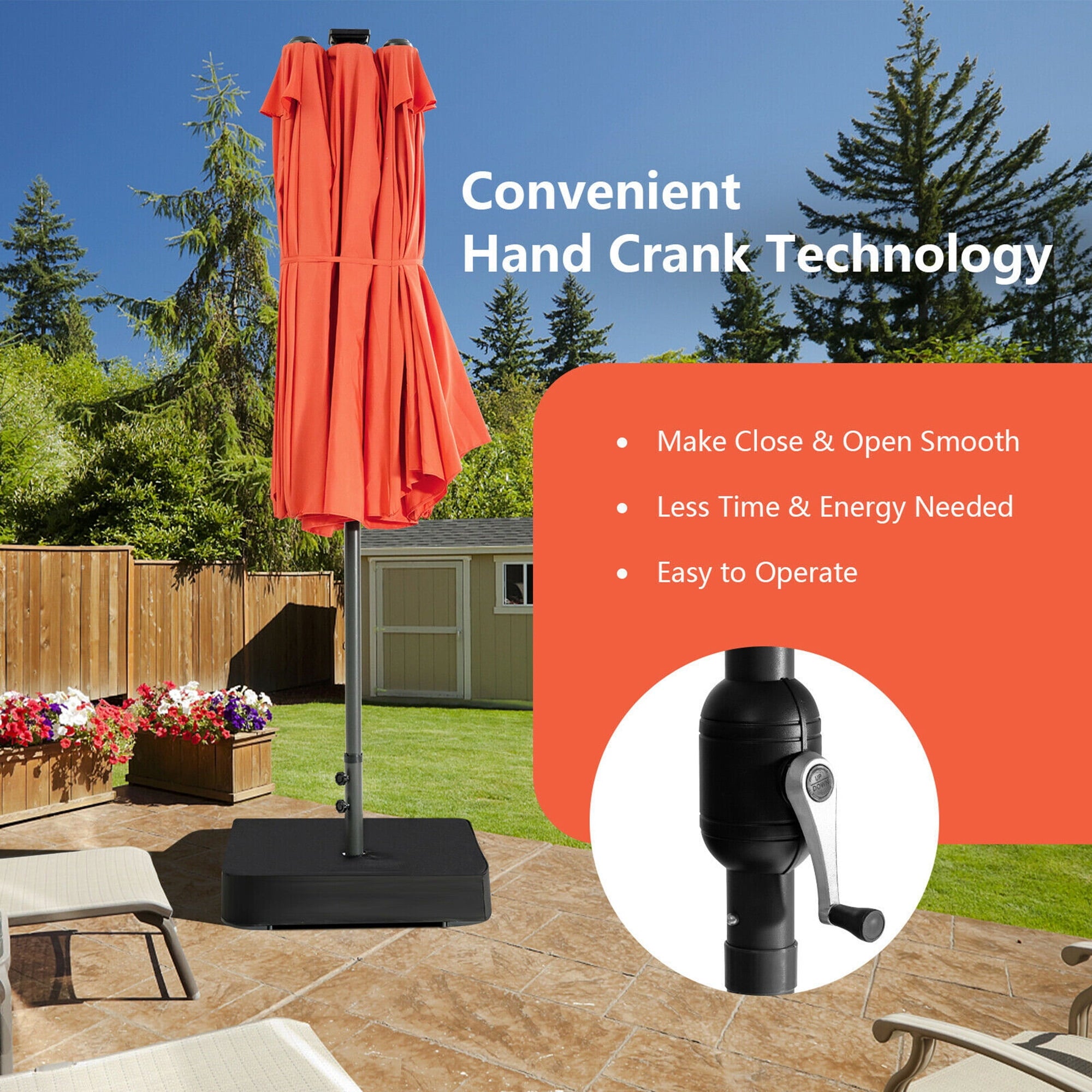 Gymax Outdoor 15' Double-Sided Patio Umbrella 48 Solar LED Lights Crank & Base Coffee