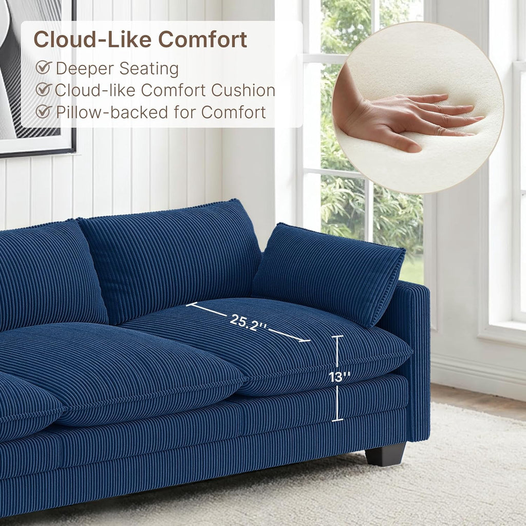 110'' Oversized L Shaped Couch for Living Room, Cloud Couches with Washable Corduroy Cover, Modern 4-Seater Comfy Deep-Seat Sofa with Movable Ottoman and 2 Throw Pillows for Apartment, Gray